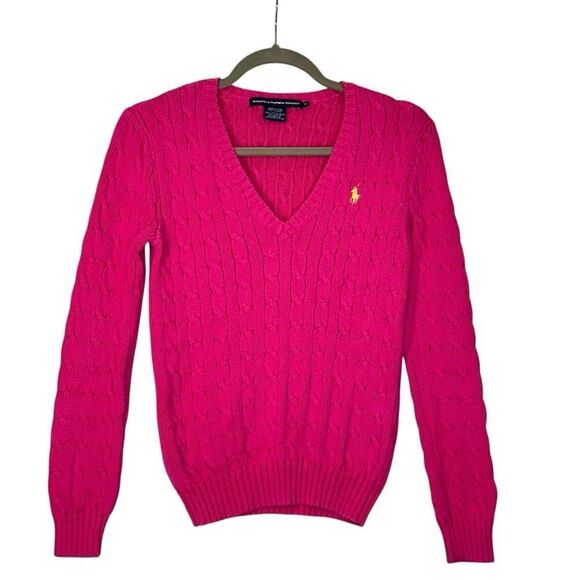 Ralph Lauren Hot Pink Cable Knit V Neck Cotton Sweater| M - Picture 1 of 5